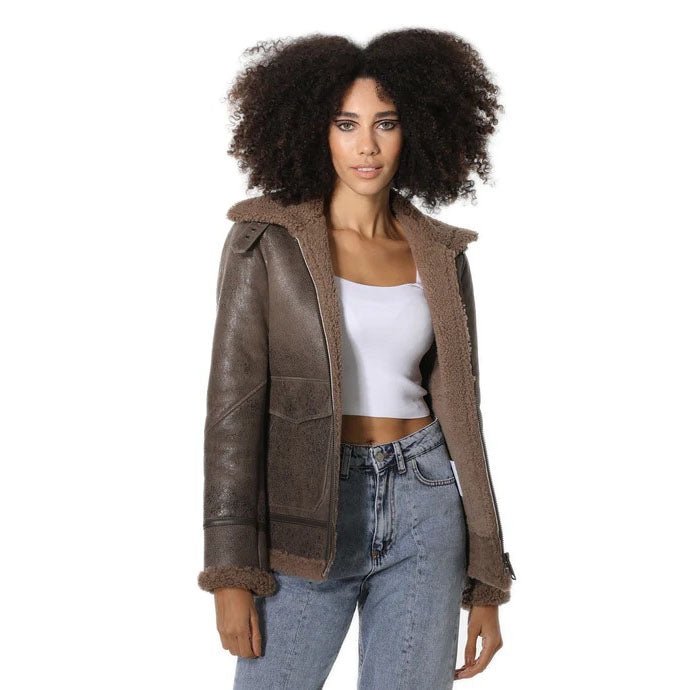 Women's Vintage Sheepskin Bomber Jacket with Cashmere Fur