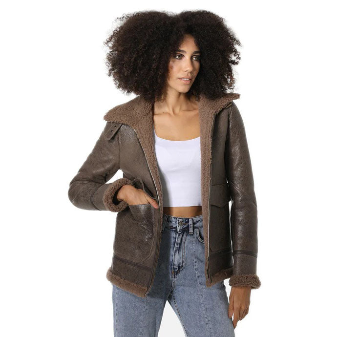 Women's Vintage Sheepskin Bomber Jacket with Cashmere Fur