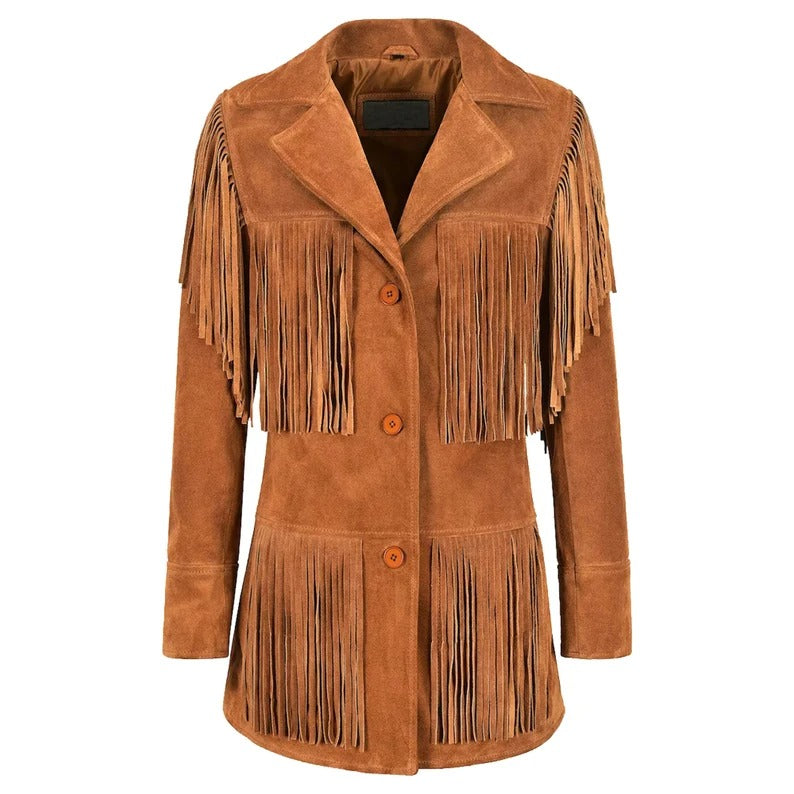 Veste en cuir à franges western pour femme