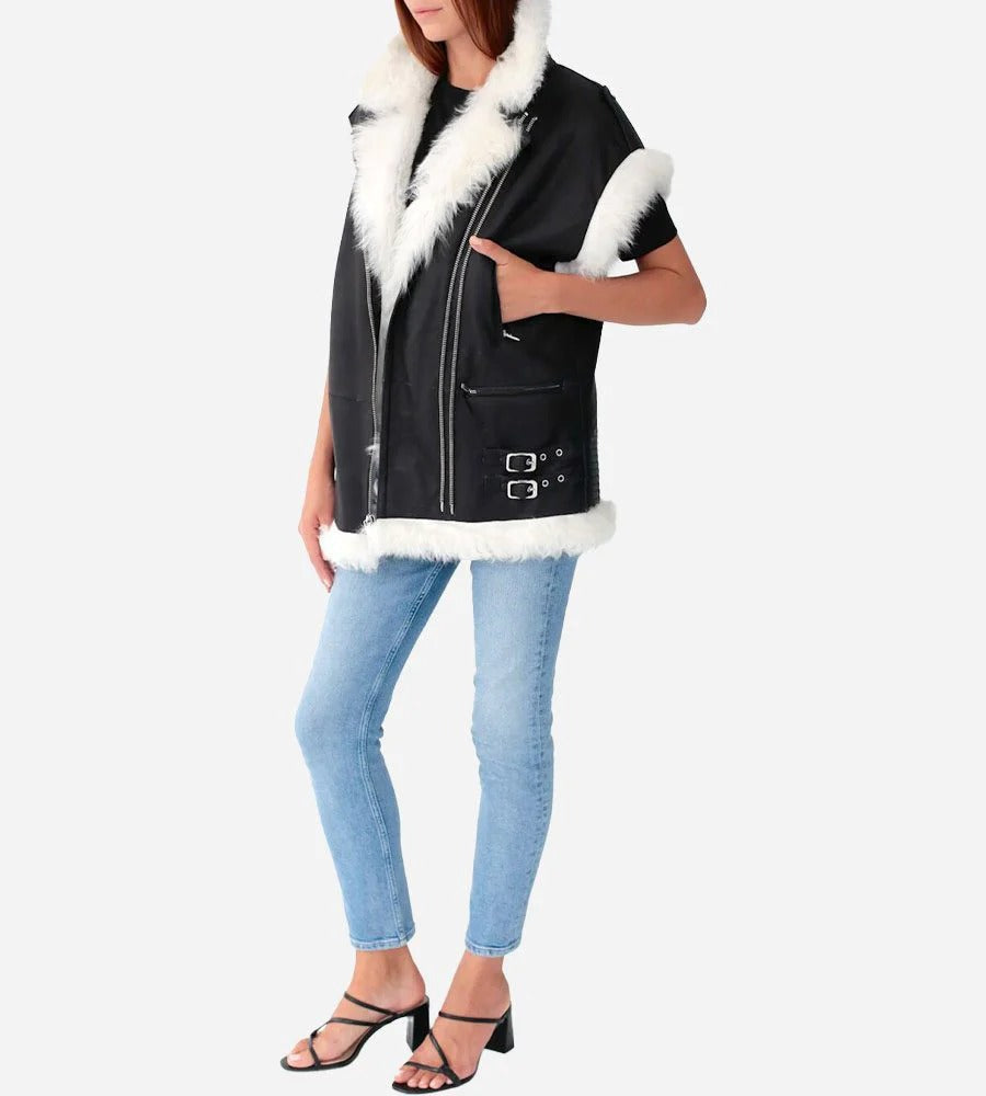 Gilet de motard en cuir et fourrure blanche pour femme en noir