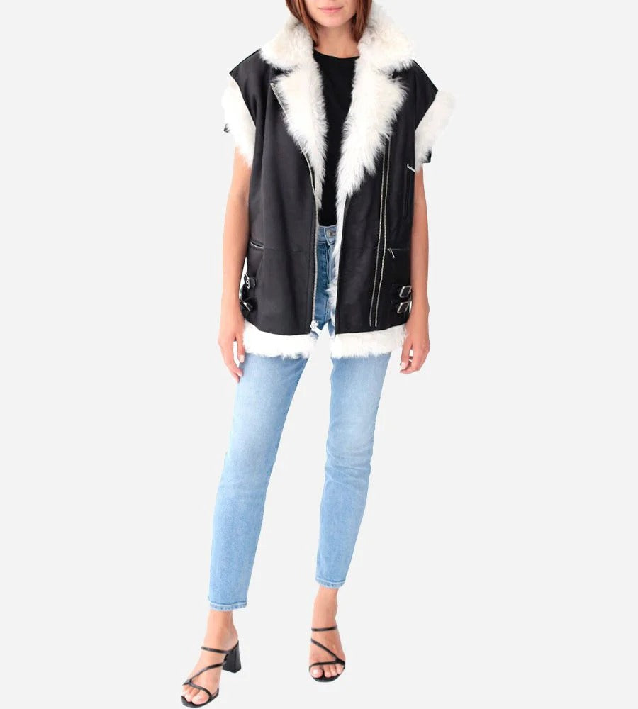 Gilet de motard en cuir et fourrure blanche pour femme en noir