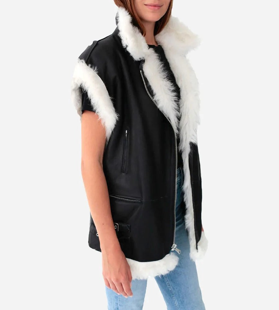 Gilet de motard en cuir et fourrure blanche pour femme en noir