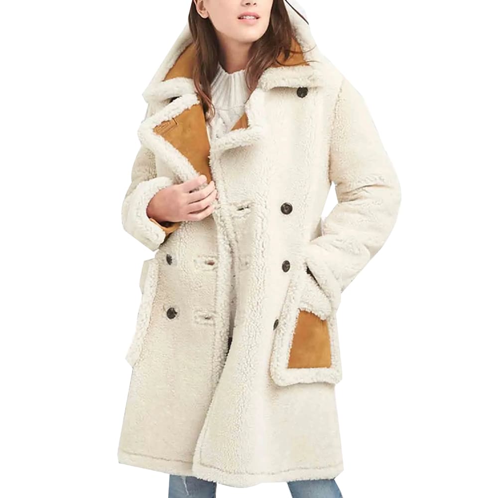 Manteau en peau de mouton blanc à double boutonnage pour femme