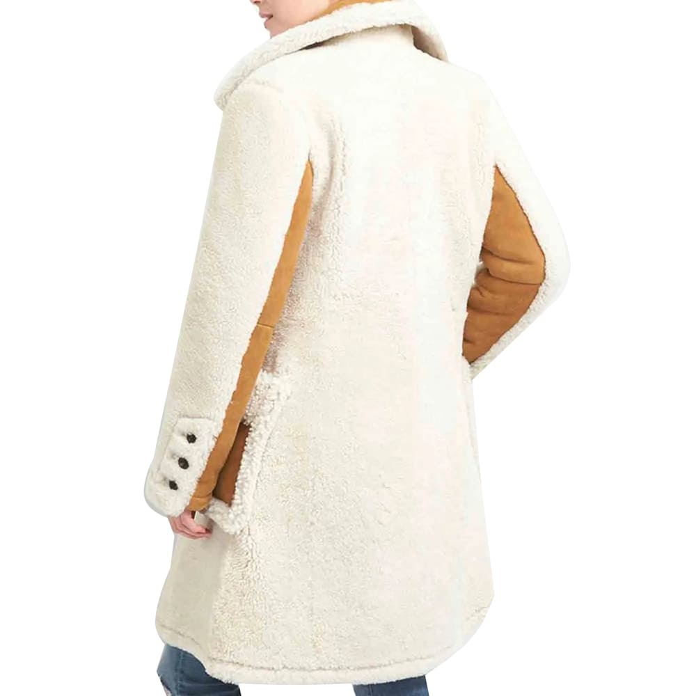 Manteau en peau de mouton blanc à double boutonnage pour femme