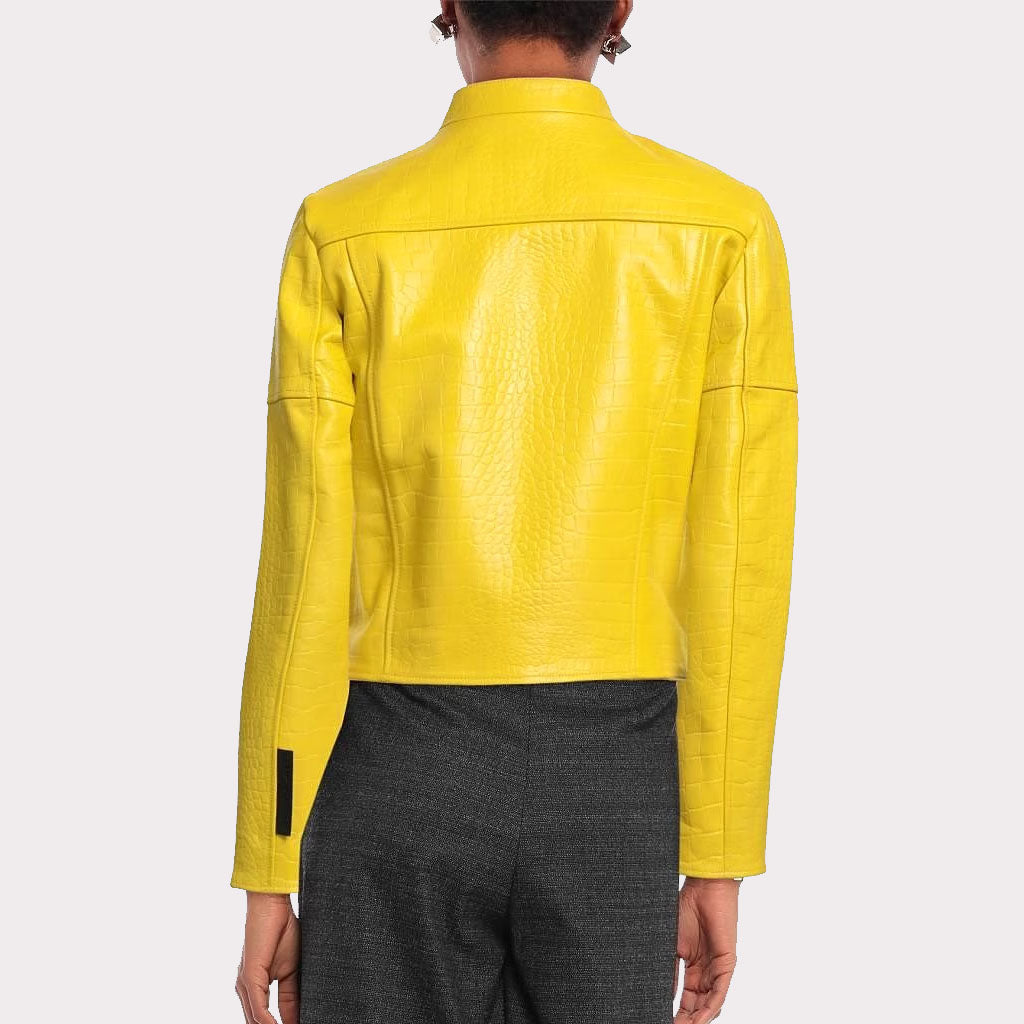 Veste en cuir jaune à motif crocodile pour femme