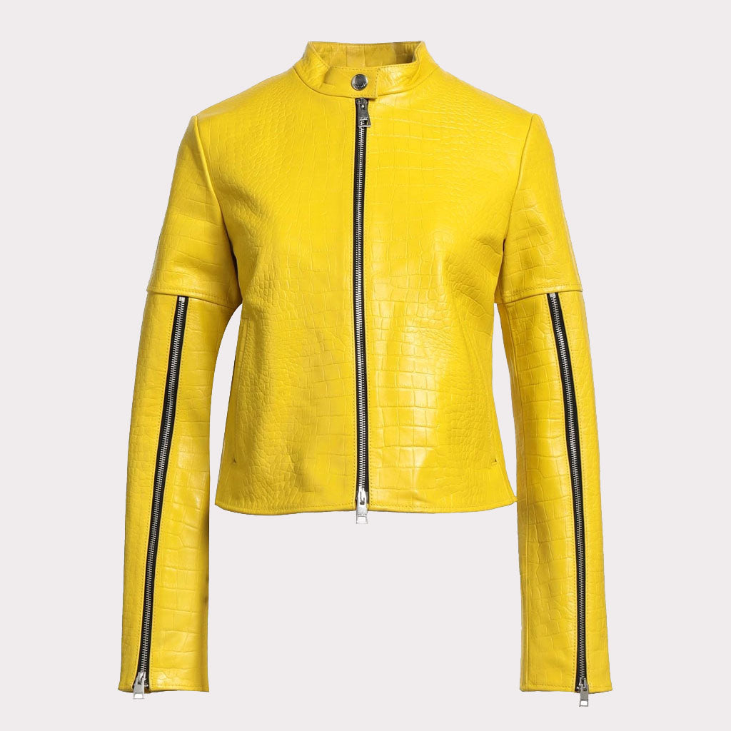 Veste en cuir jaune à motif crocodile pour femme