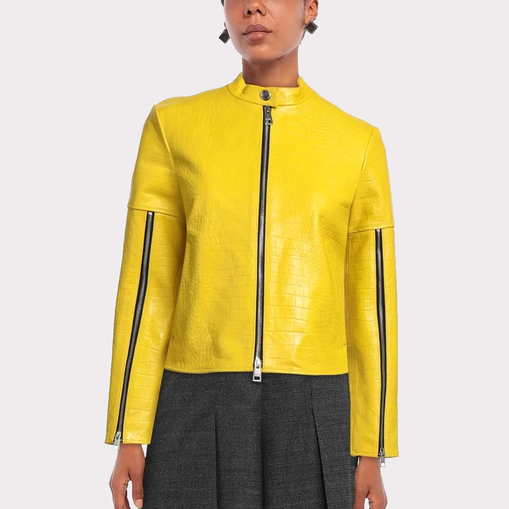 Veste en cuir jaune à motif crocodile pour femme