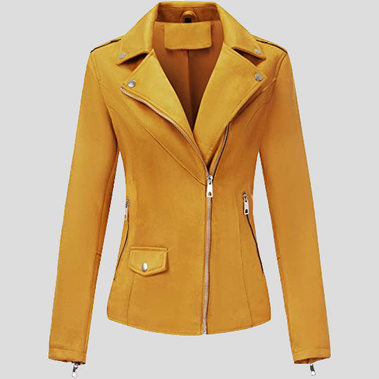 Veste motard en cuir suédé jaune pour femme