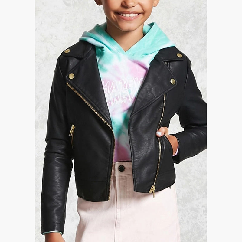 Zipper Front Black Leather Moto Jacket for Girls